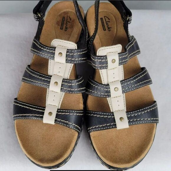 Clark's Collection Black & Cream Sandals Size 8.5 EUC - Picture 4 of 8